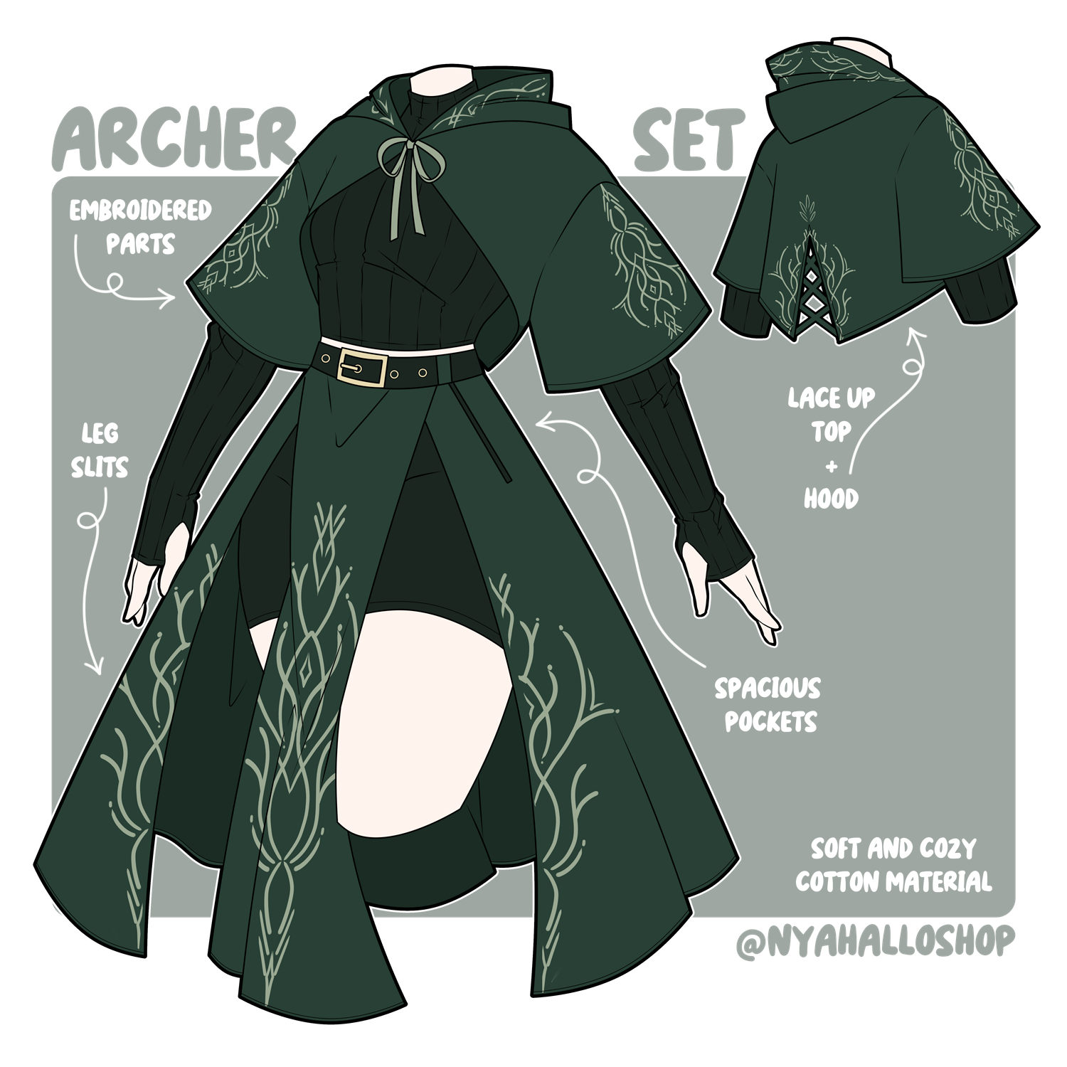Green Archer Knit Set with embroidered designs, lace-up hood, spacious pockets, leg slits, and soft cotton material. Stylish fantasy-inspired outfit by Nyahallo.