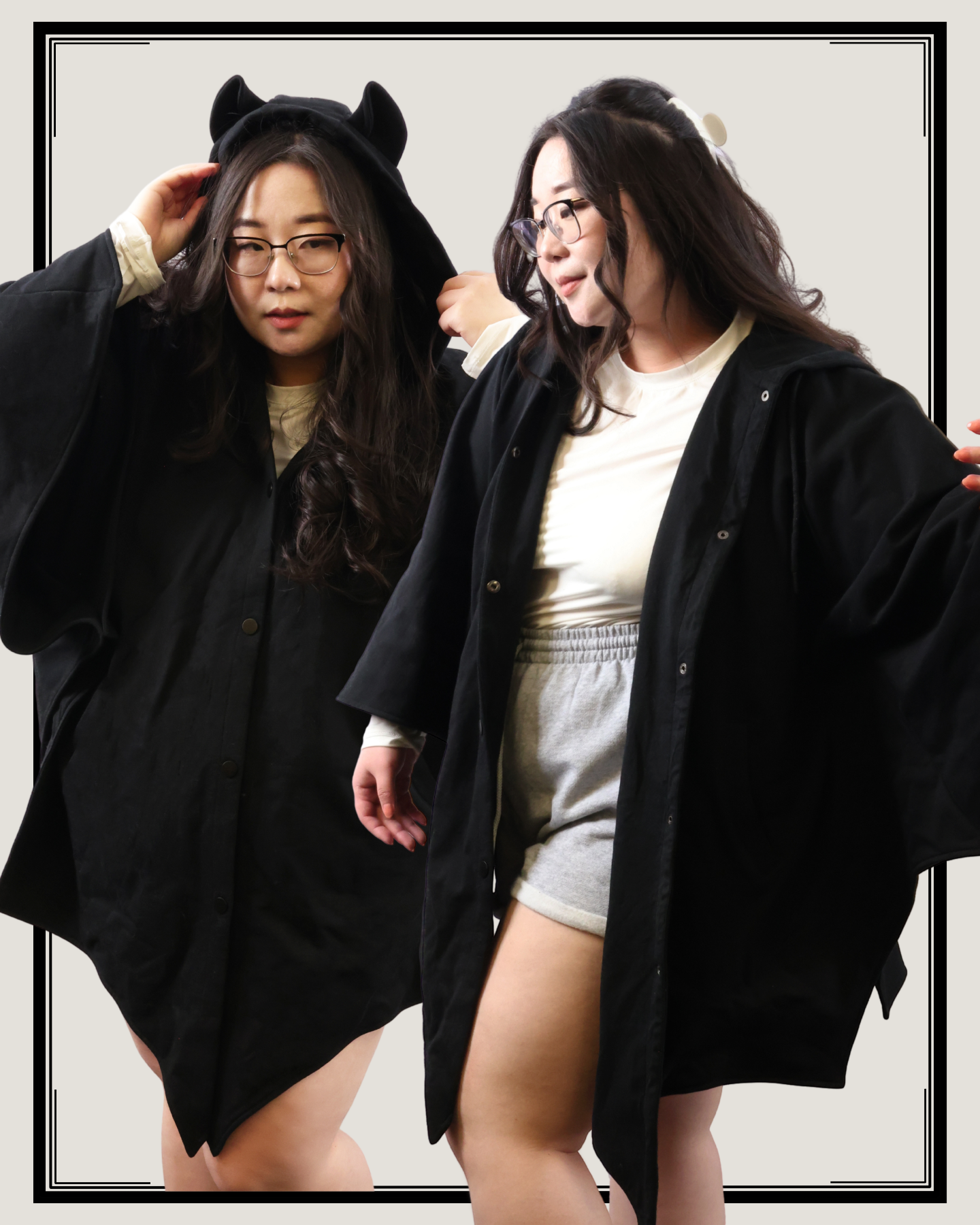 The model is showcasing the Nyahallo Bat cloak with with sweeping sleeves and bat-ear hood.
