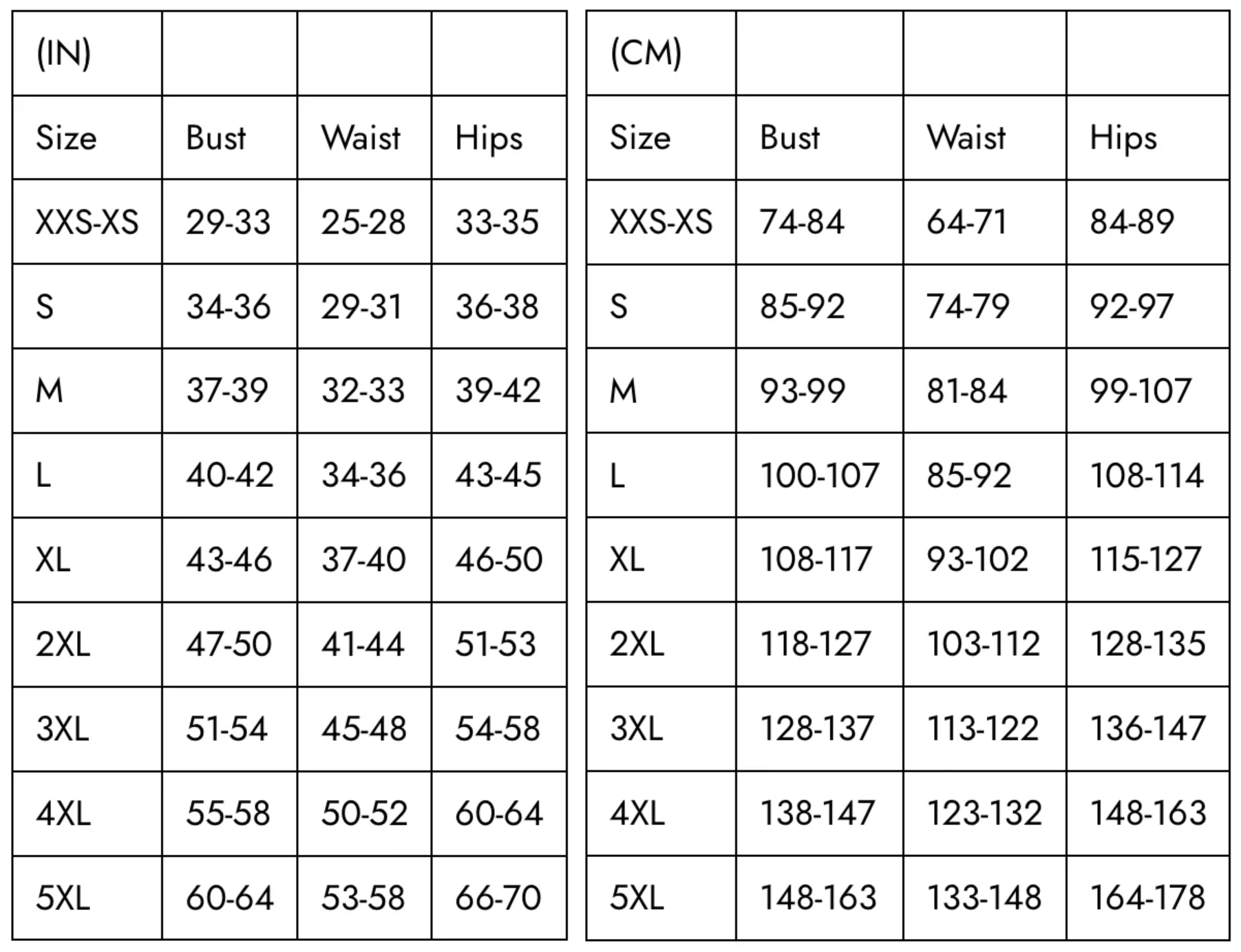 Nyahallo clothing size chart showing bust, waist, and hip measurements in inches and centimeters from XXS-XS to 5XL.
