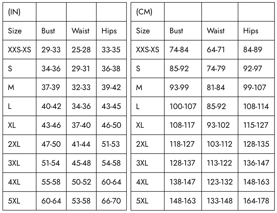 Measurement chart for clothing sizes with bust, waist, and hips dimensions in both inches and centimeters.