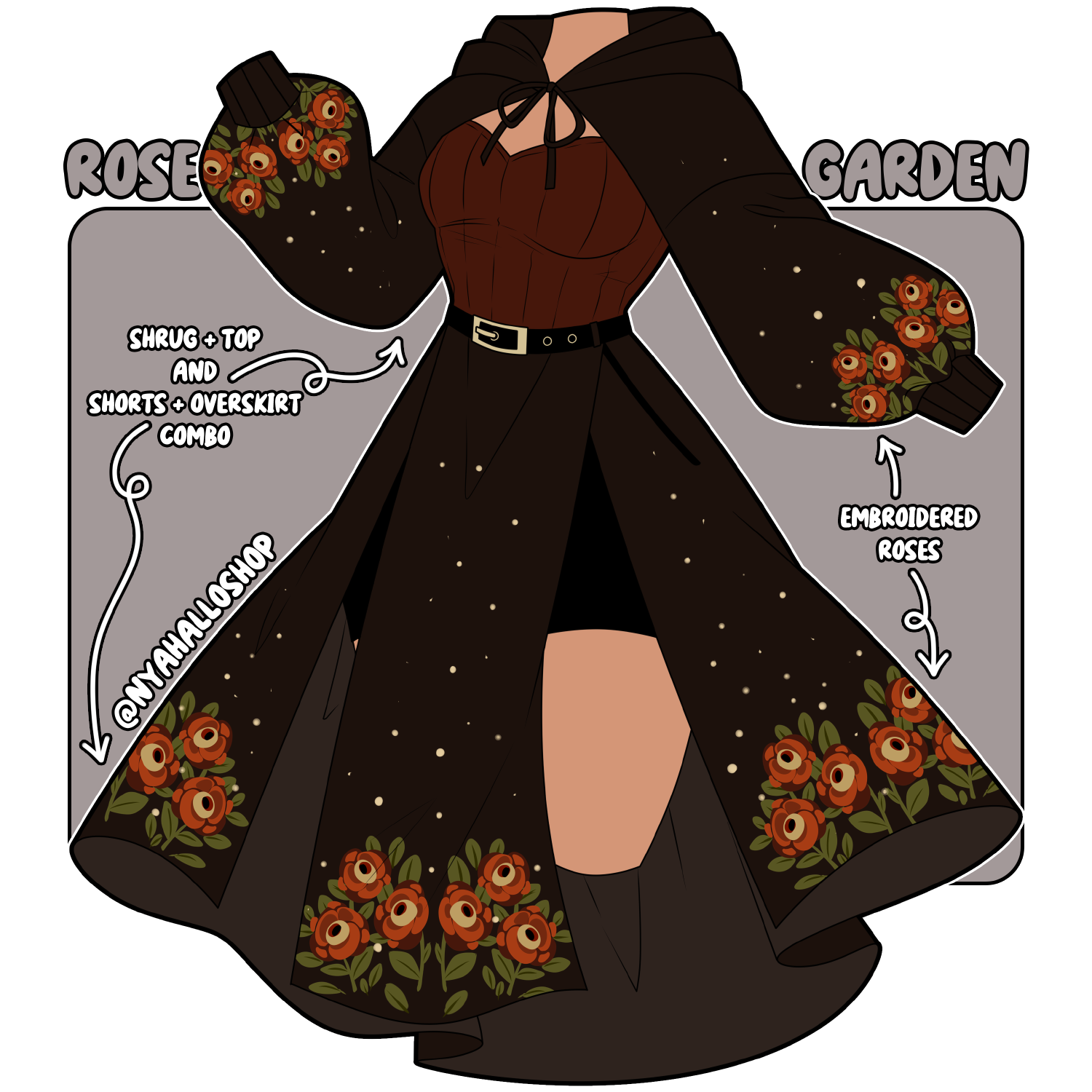 Whimsical Cozy Knit Set in Rose Garden colorway, featuring brown shrug, top, shorts, and overskirt with embroidered red roses. Designed by Nyahallo.