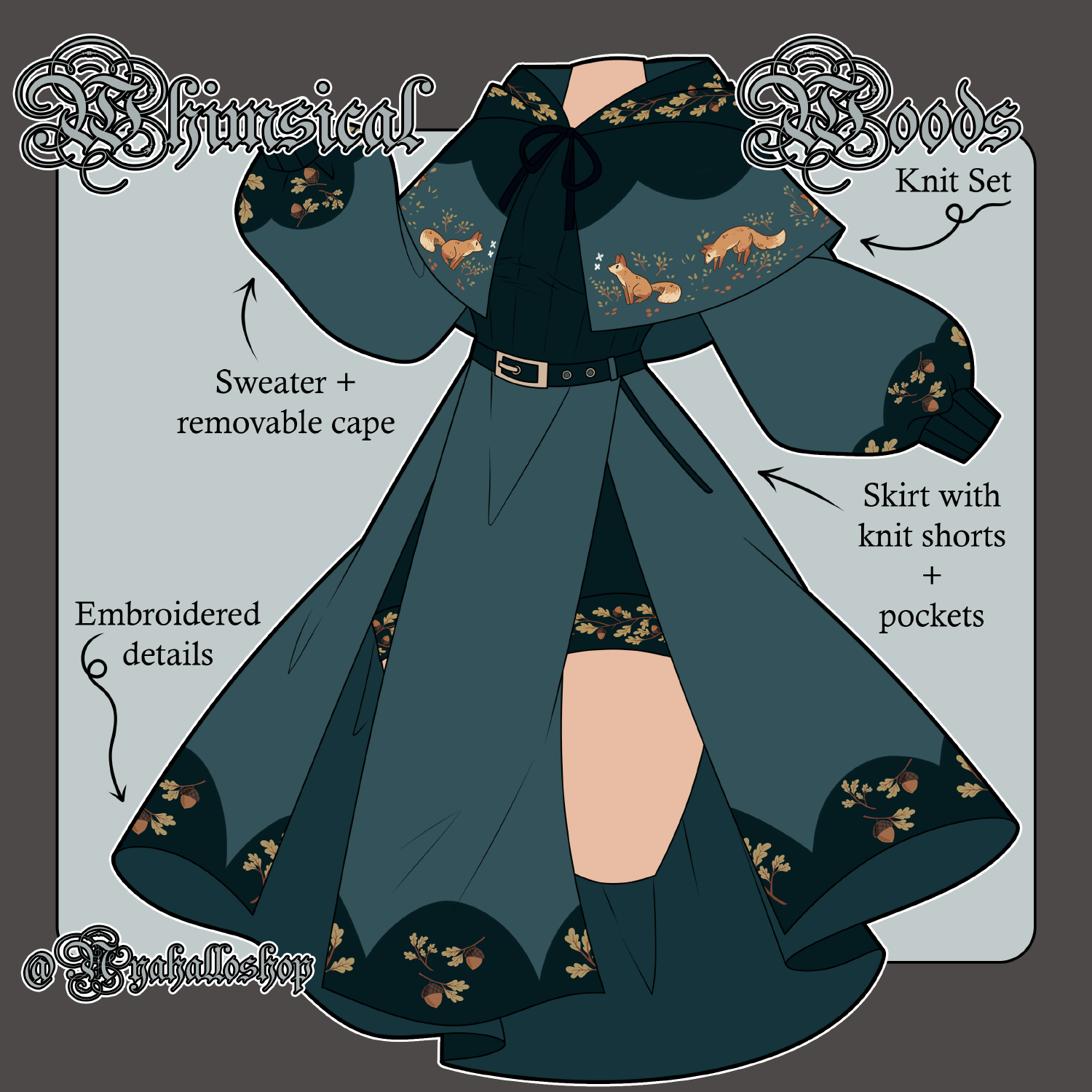 Whimsical Woodland Knit Set in teal, featuring a sweater with removable cape, embroidered details, and a skirt with knit shorts and pockets. Designed by Nyahallo.