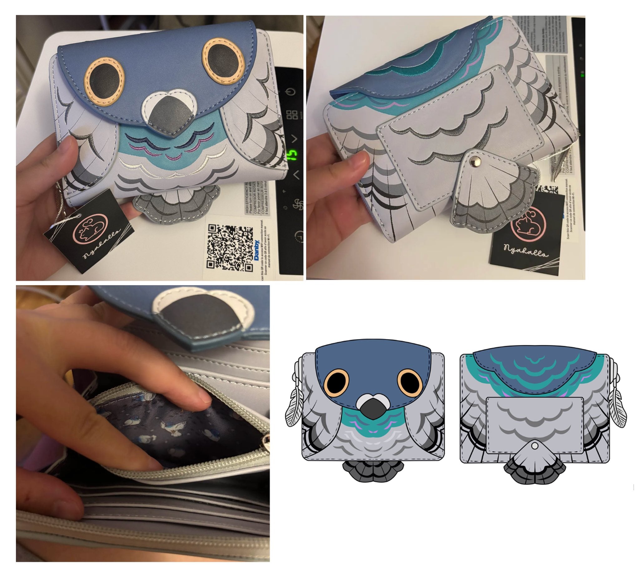 Collage showing a blue and gray owl-shaped wallet from Nyahallo, including photos of the front, back, and interior, and flat digital design illustrations of the wallet layout.