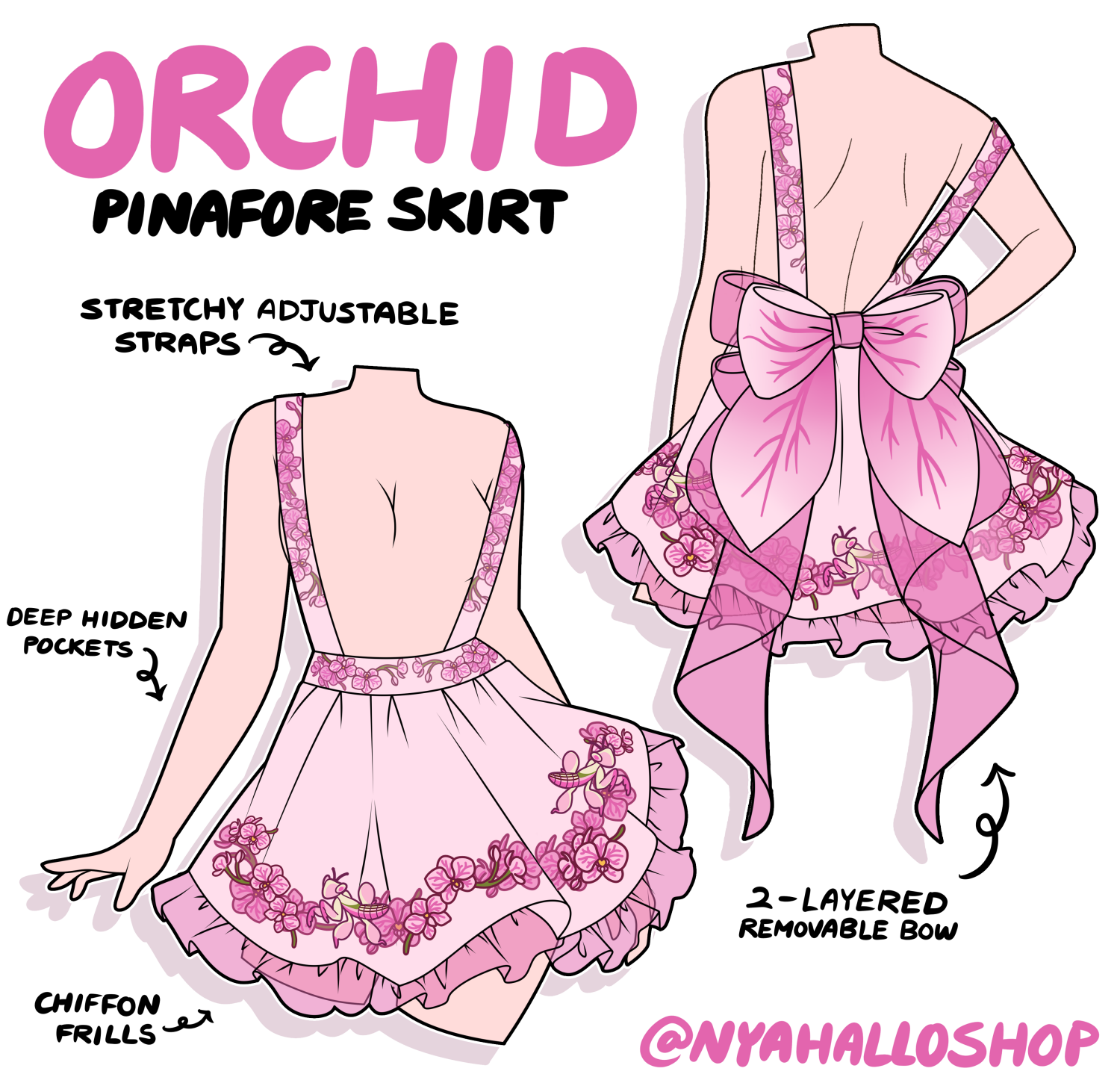 Illustrated design reference sheet for the Orchid Pinafore Skirt featuring adjustable floral straps, layered chiffon frills, deep hidden pockets, and a removable oversized bow.