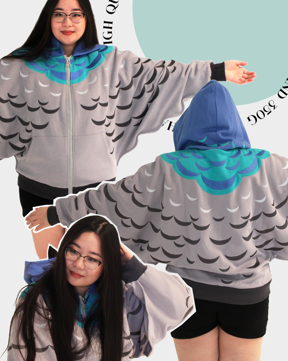 Model wearing an oversized pigeon themed hoodie with grey feather patterns, blue hood accents, and wide batwing sleeves shown from multiple angles.