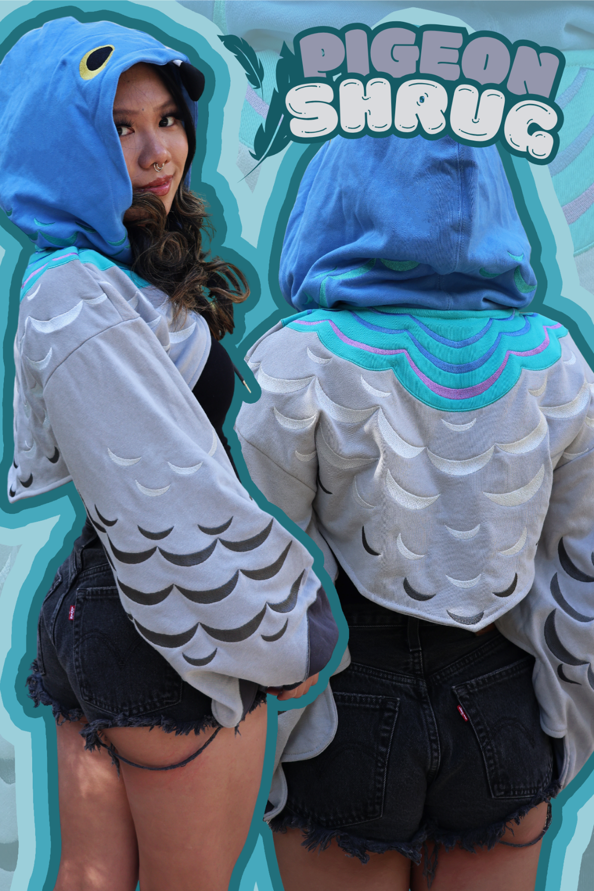 Cover graphic featuring the Nyahallo Pigeon Hoodie Shrug with front and back views, showcasing the blue pigeon hood, feather-inspired sleeves, and layered wing embroidery.