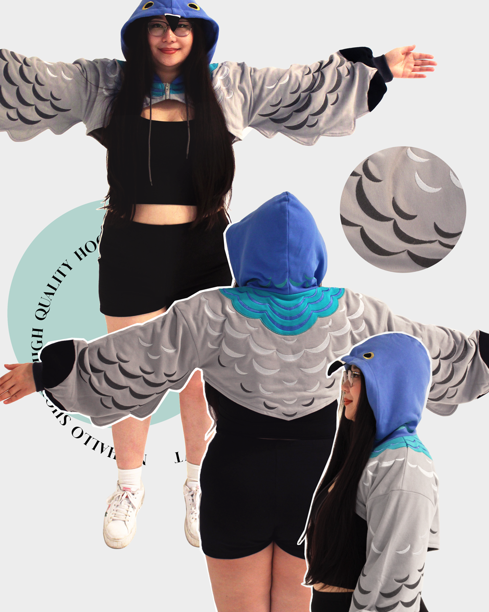 Model wearing a pigeon themed cropped shrug with grey feather patterns, oversized wing-like sleeves, and a blue bird hood shown from multiple angles.