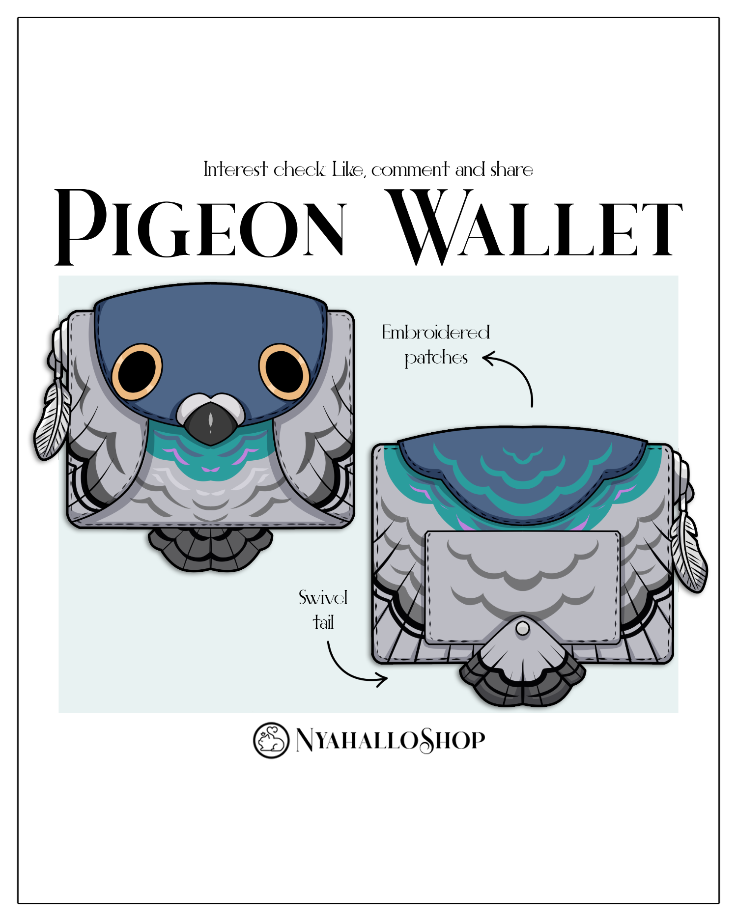 Concept art sheet for a whimsical pigeon-shaped vegan leather wallet showing front and back views, embroidered feather details, a feather zipper charm, and a swivel tail pocket.