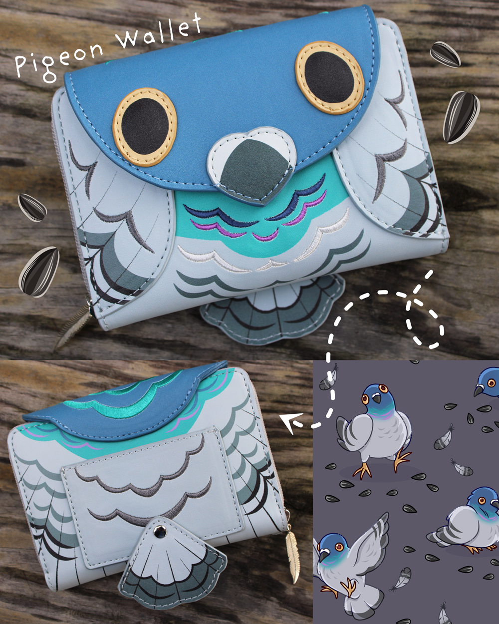 Illustrated pigeon-shaped vegan leather wallet with matching pigeon lining pattern shown on a wooden background.
