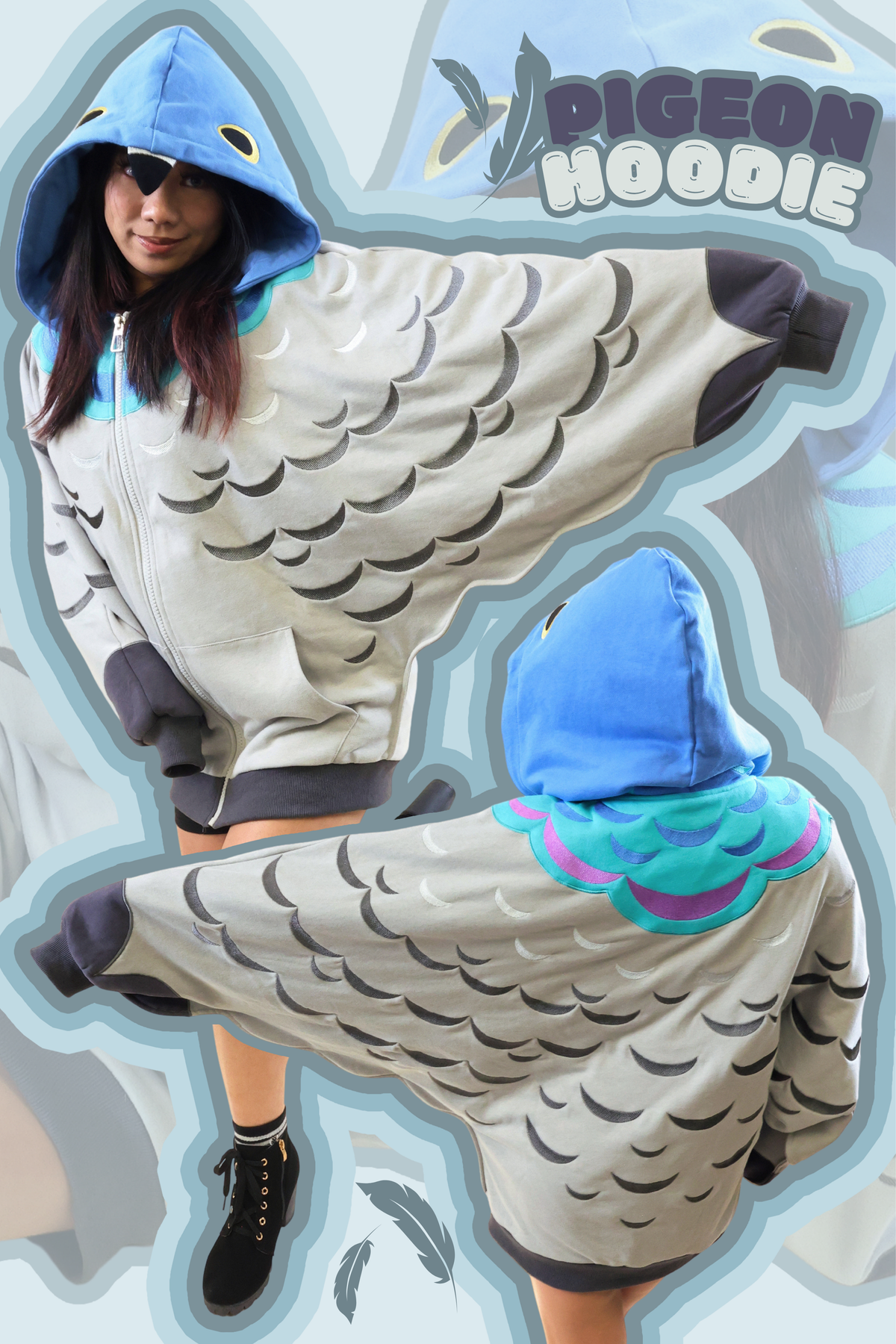 A person modeling a full-body hooded onesie with a penguin design, featuring a light gray body with black scalloped wing patterns, a bright blue hood, and teal and purple accents near the hood. The image includes a second smaller view of the garment and a stylized logo reading 'Pigeon Hoodie' in the background.