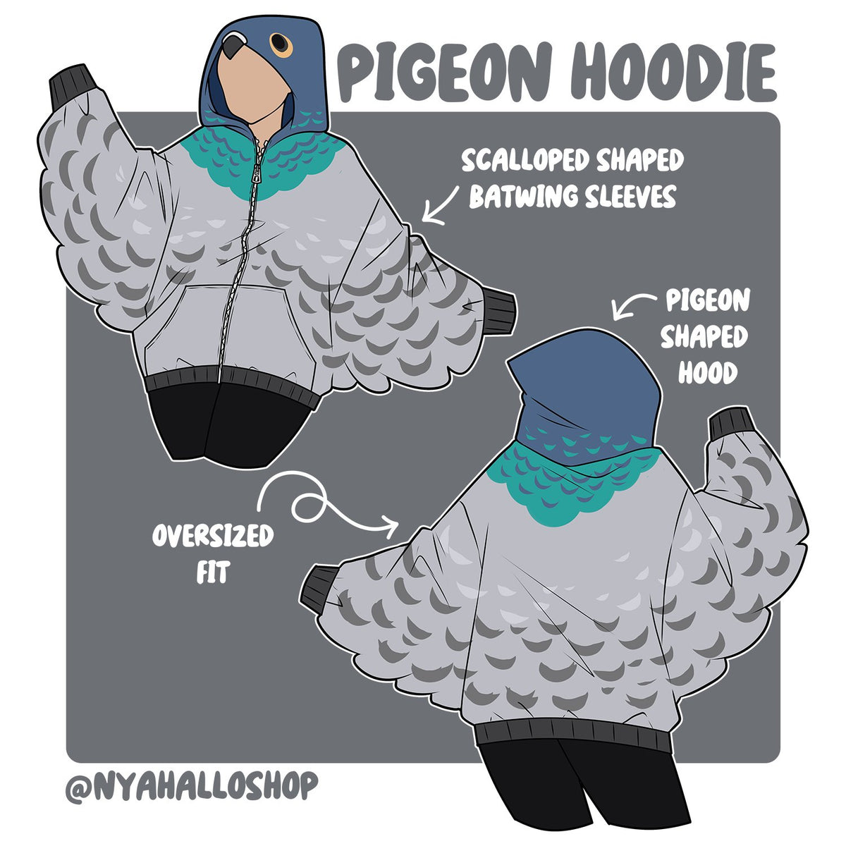 A stylized illustration of a unisex hoodie with a pigeon design, featuring scalloped shaped batwing sleeves and a pigeon shaped hood, in an oversized fit.