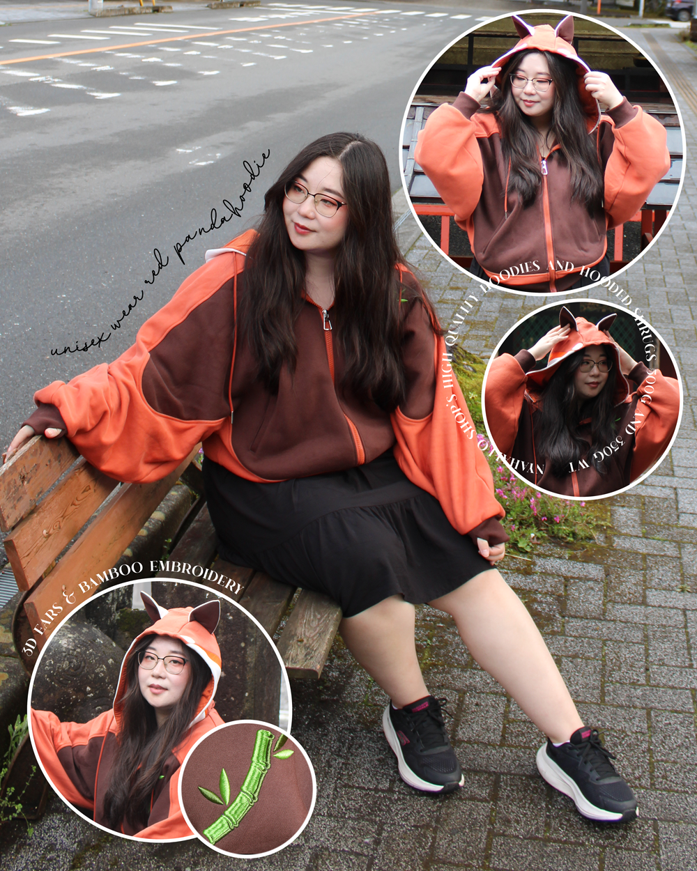 Model wearing a whimsical red panda-inspired hoodie with animal ears, oversized sleeves, and forest-inspired bamboo embroidery.