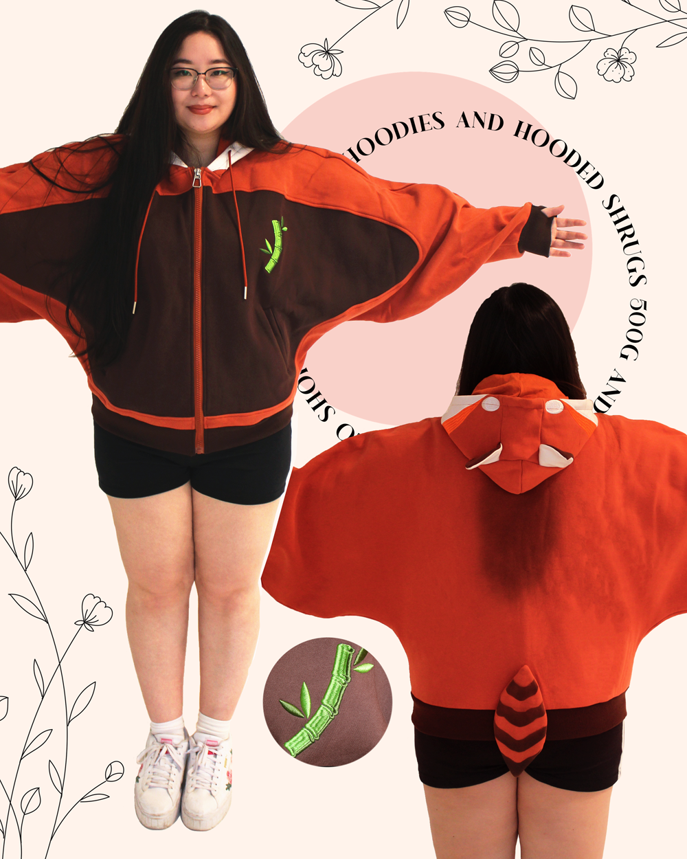 Product overview graphic showing a red panda-inspired oversized hoodie with animal ears, bamboo embroidery, and tail details.