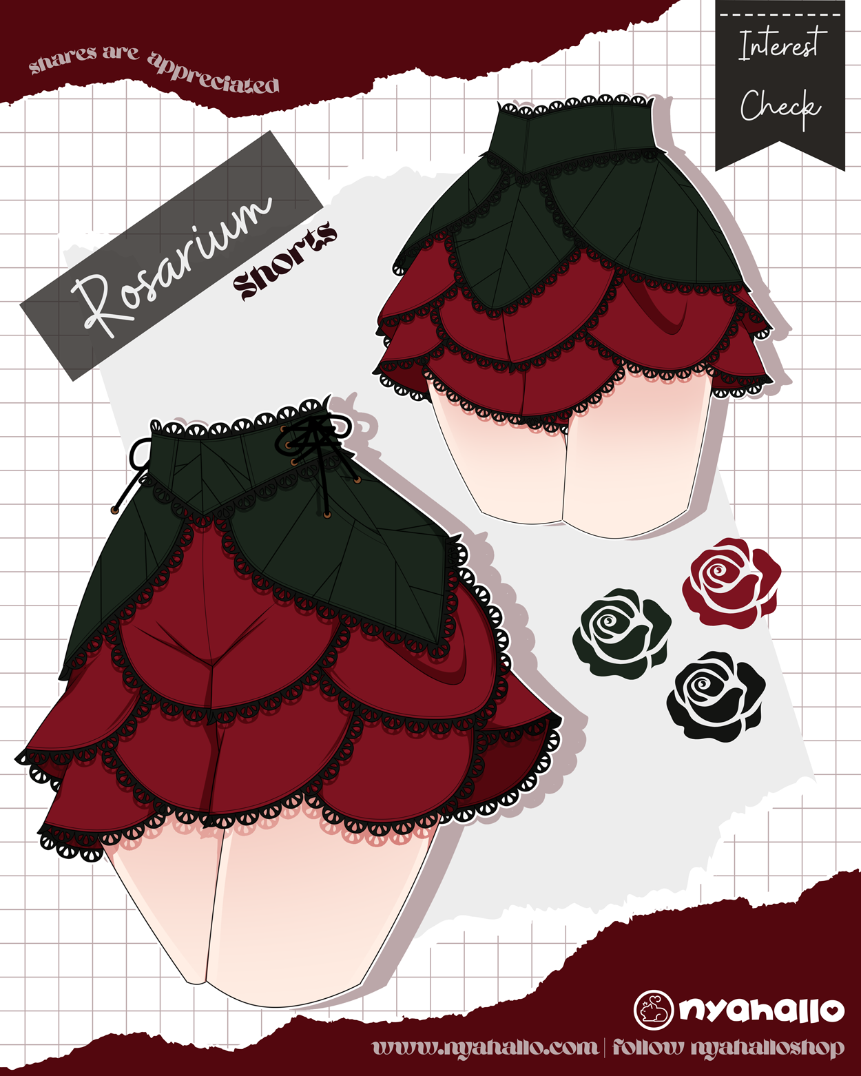Decorative rose-themed shorts with layered petal ruffles, leaf-shaped overskirt details, and gothic romantic styling from the Rosarium collection.