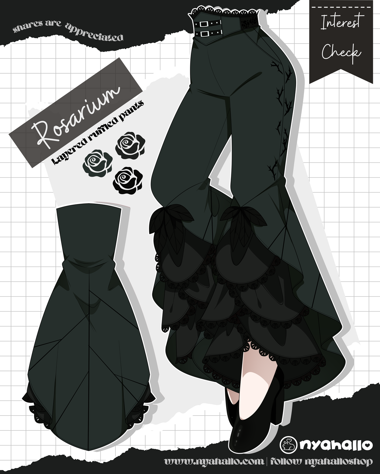 Rosarium layered ruffle pants featuring cascading black rose petal-inspired panels, leaf-shaped accents, and an elegant gothic fantasy silhouette in black.