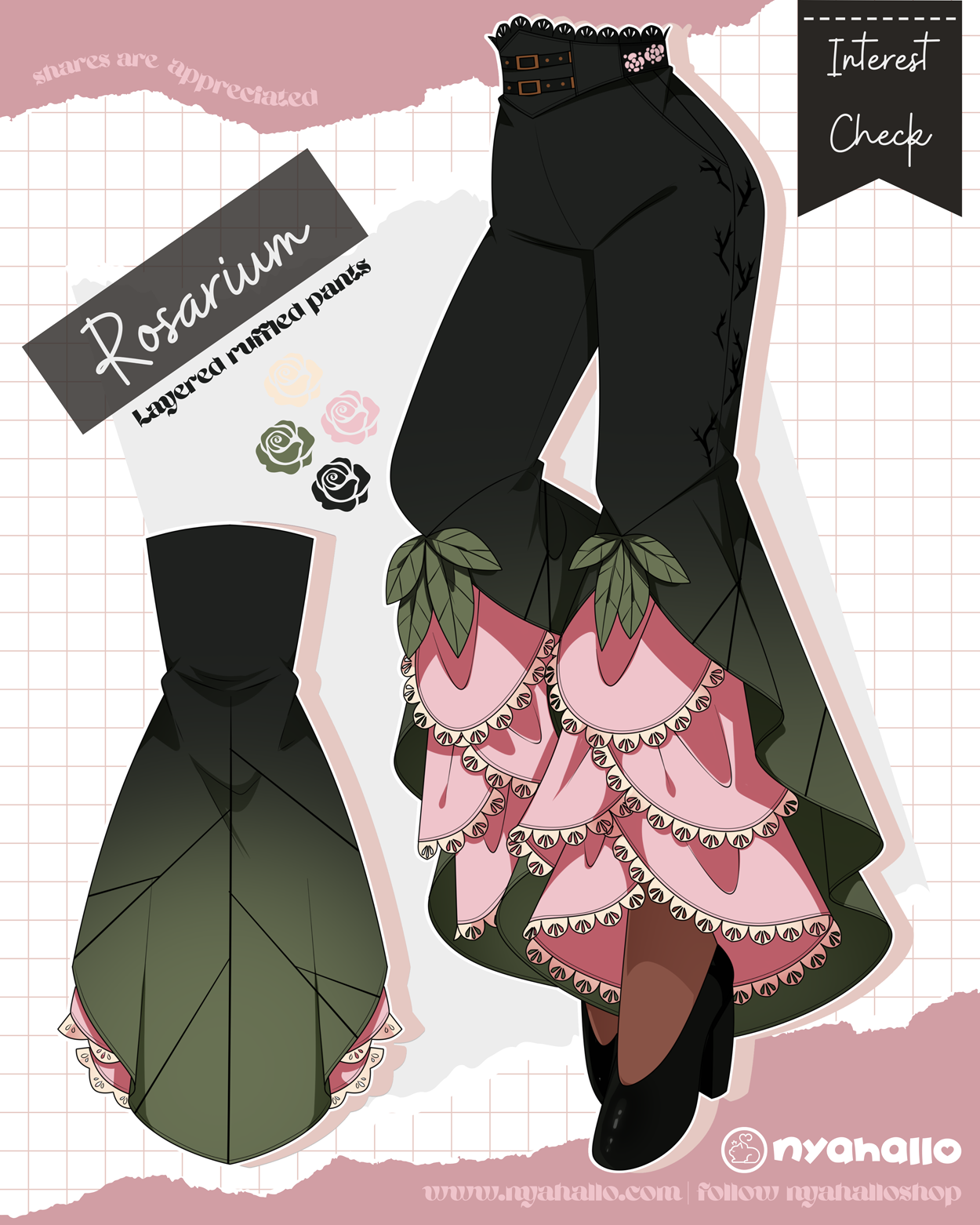 Rosarium layered ruffle pants featuring cascading pink rose petal-inspired panels, leaf-shaped accents, and a romantic fantasy fashion silhouette in pink and sage green.