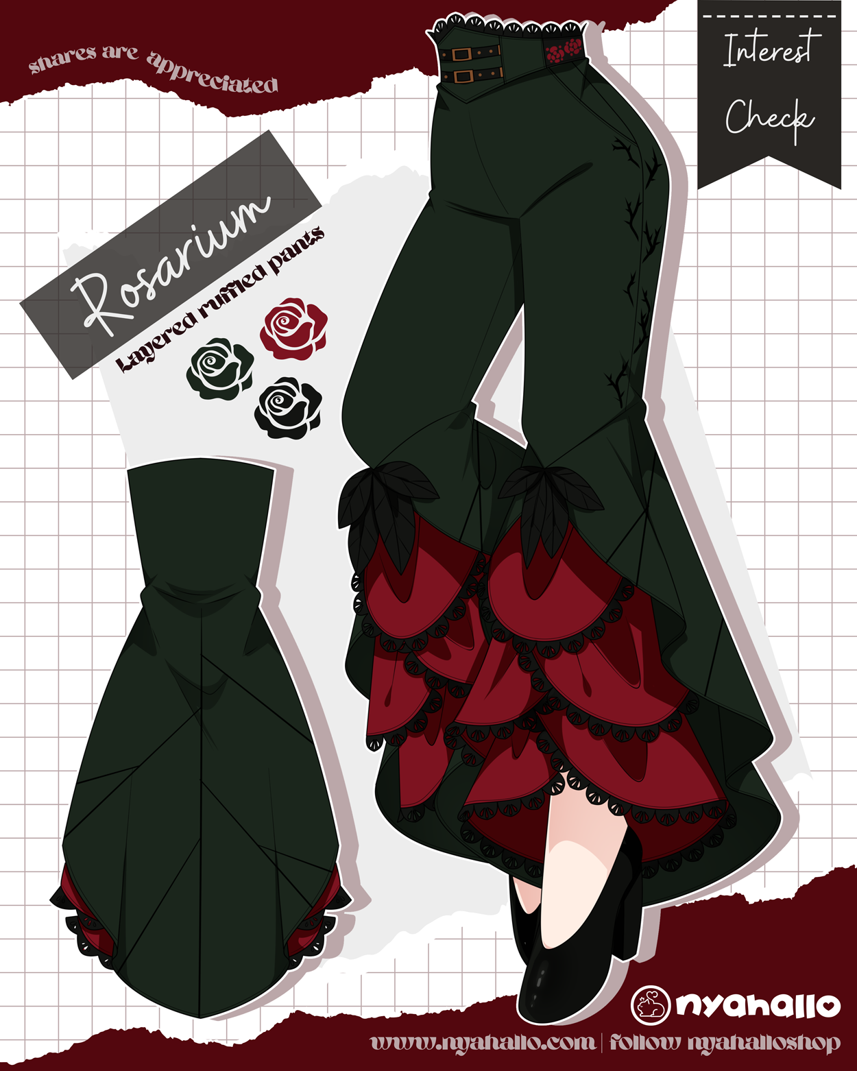 Rosarium fantasy pants with layered rose petal ruffles, leaf accents, and a romantic gothic-inspired silhouette.