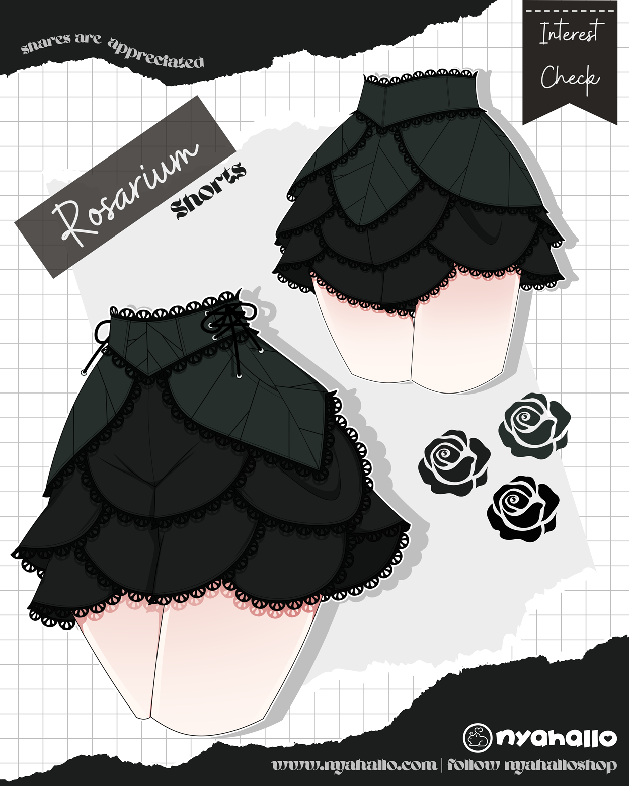 Black rose petal shorts with layered floral panels, lace trim, and a leaf-inspired waistband from the Rosarium collection by Nyahallo.