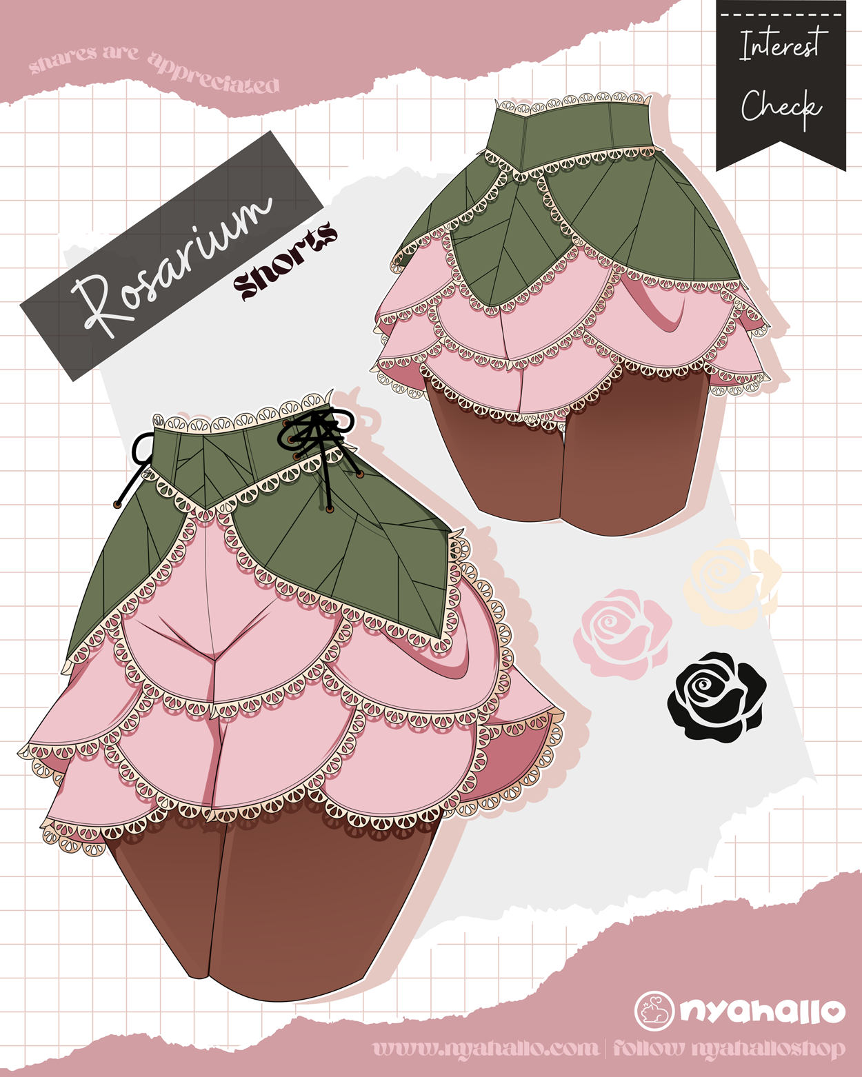 Pink rose petal shorts with layered floral panels, lace trim, and a leaf-inspired waistband from the Rosarium collection.