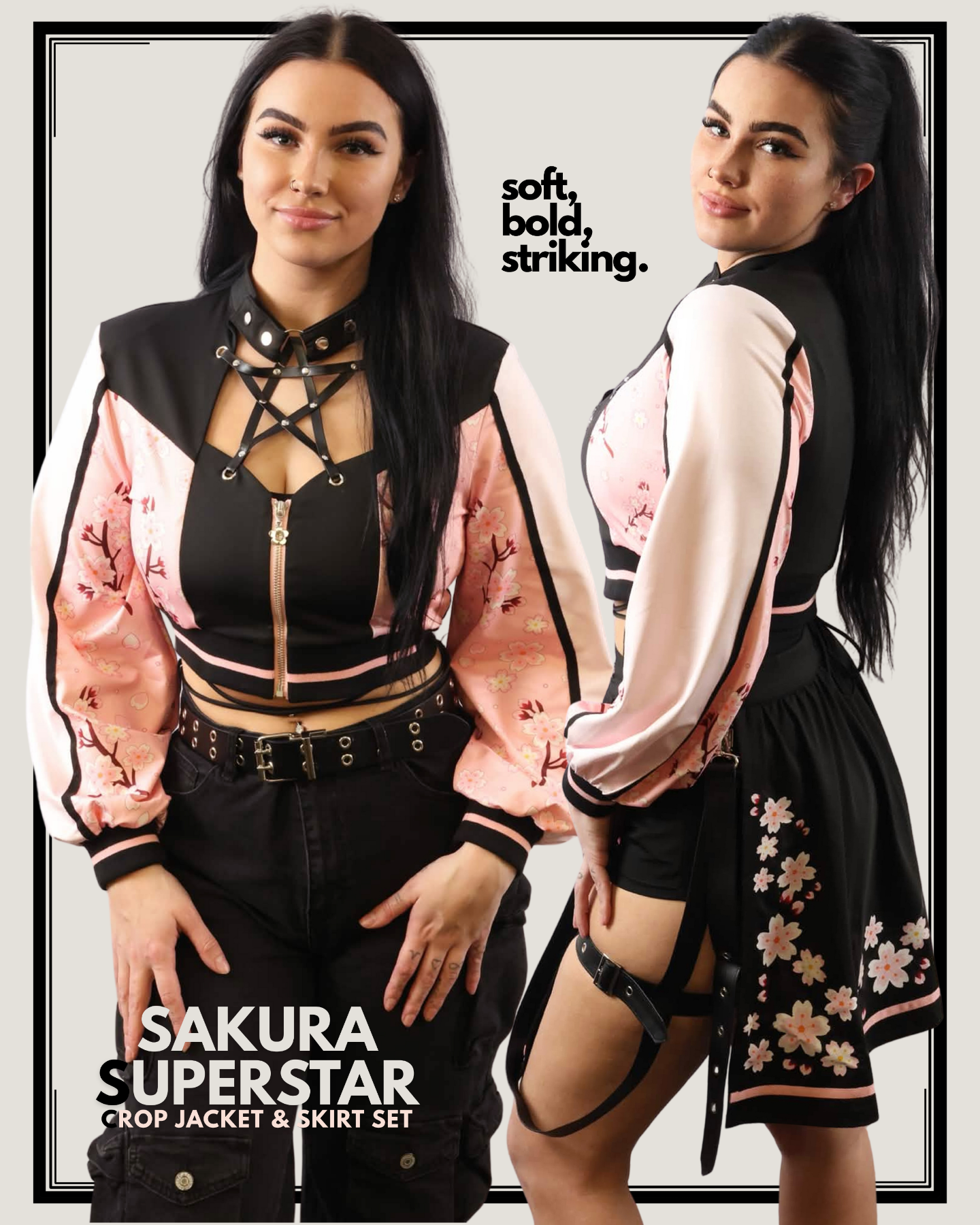 Collage of a model wearing the Sakura superstar collection including a pink and black floral jacket and matching skirt with the text 'soft, bold, striking'.