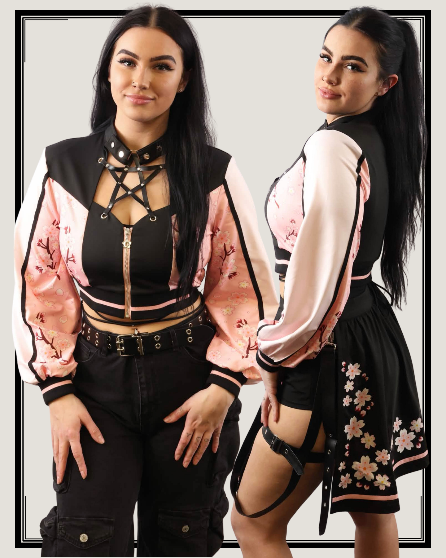 Front and side profile collage of the Sakura superstar set featuring a cropped floral bomber jacket, a harness-style top, and a cherry blossom embroidered skirt.