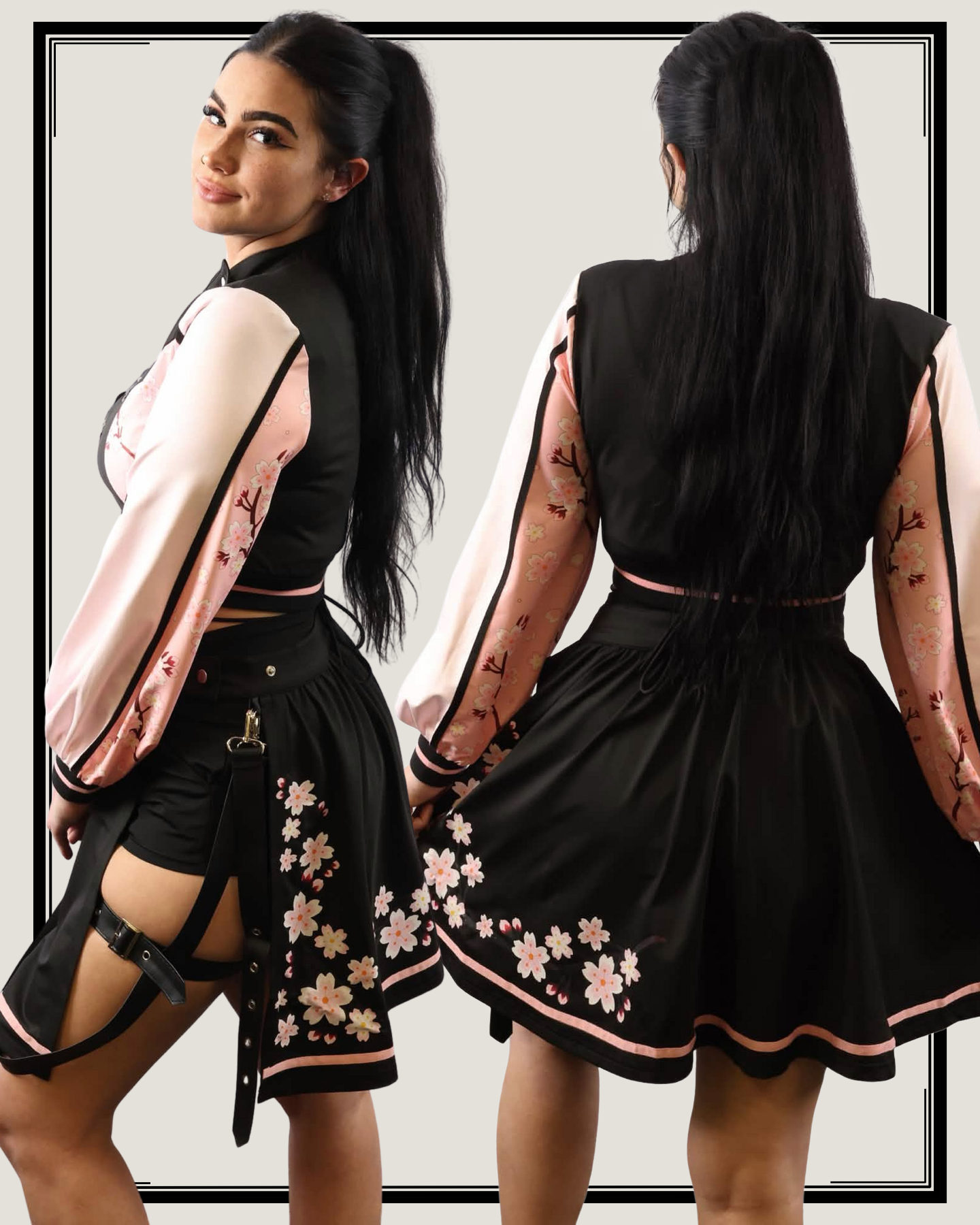 Rear and side view of a model wearing a pink and black Sakura-themed superstar outfit featuring cherry blossom embroidery on the skirt and sleeves.