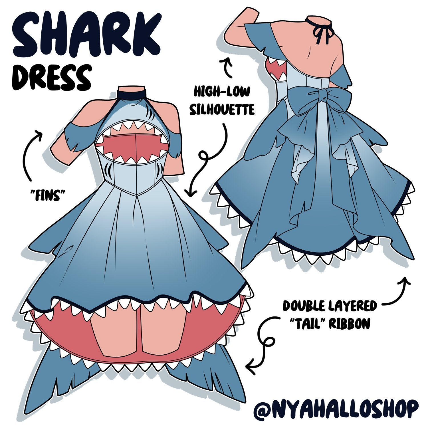 Blue shark-inspired fantasy dress concept with fin-shaped sleeves, layered tail ribbons, and shark tooth detailing along the skirt hem.
