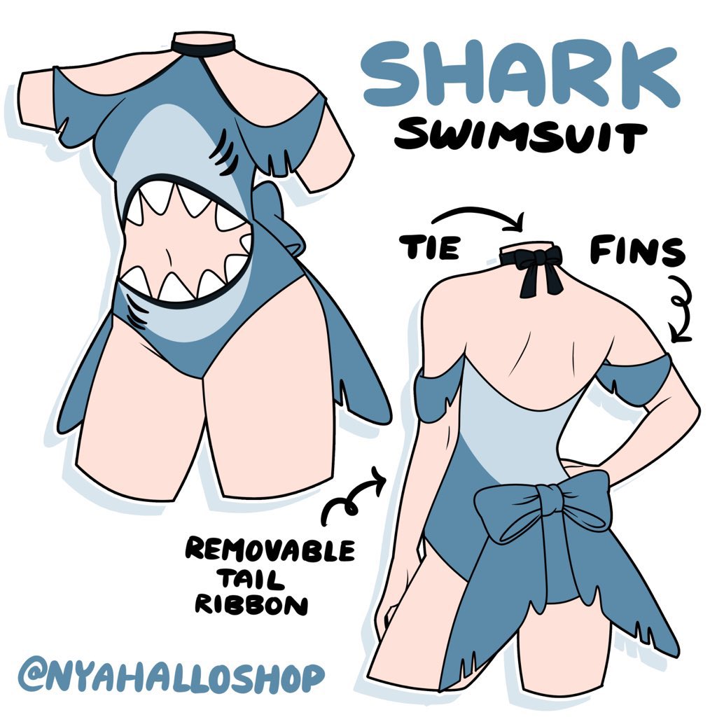 Illustration of a shark-themed swimsuit with fin sleeves, shark tooth cutout design, and removable tail bow accessory.