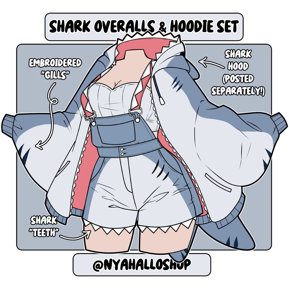 Illustration of a shark-themed outfit set featuring cotton twill overalls and a matching hoodie, with embroidered gills, shark teeth trim, and fin details.