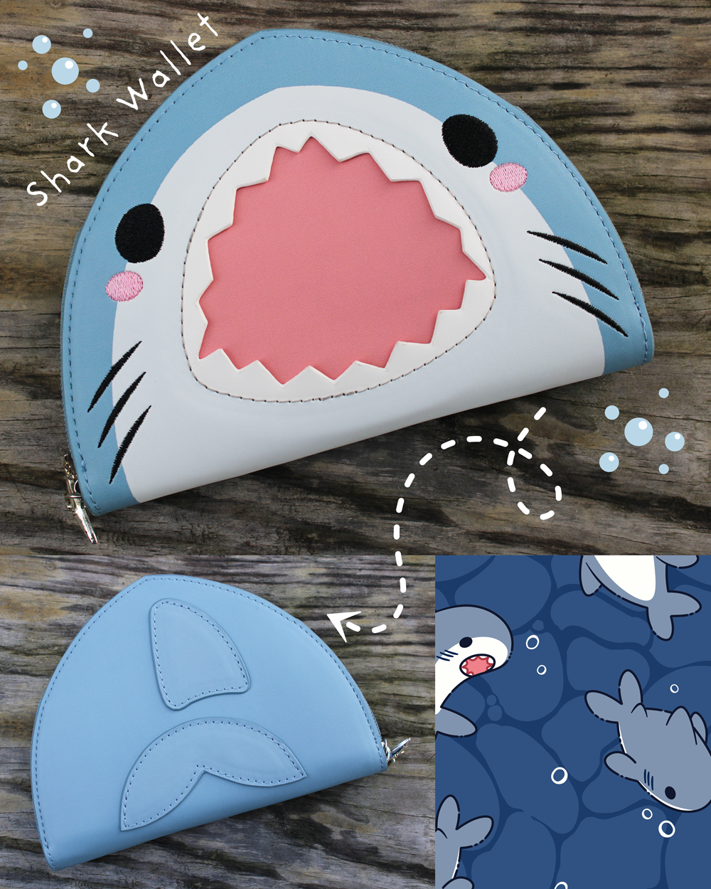 Concept art and finished version of a cute shark-shaped vegan leather wallet showing front and back views, ocean-inspired details, and matching shark pattern artwork.