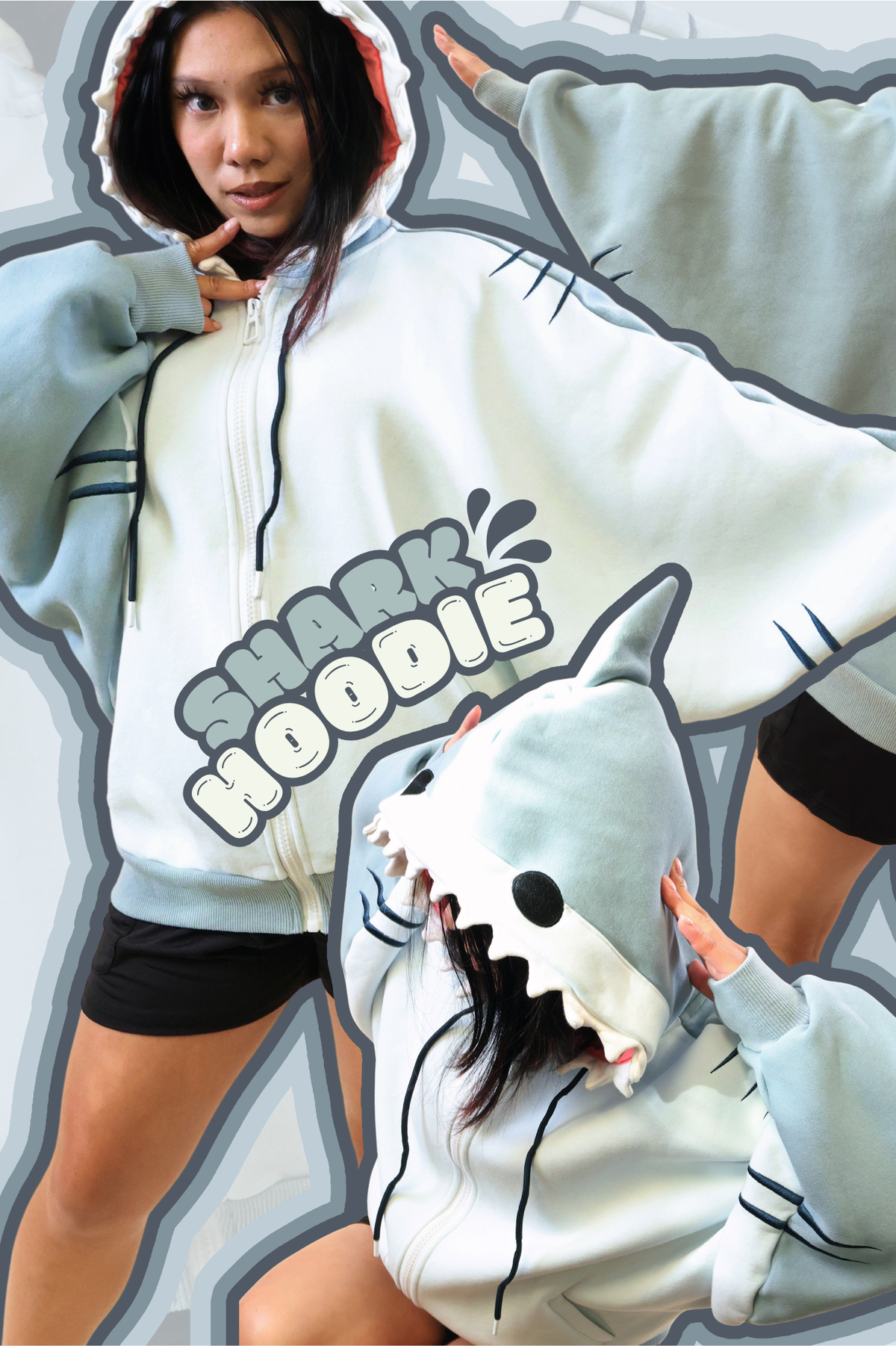 A person wearing a light blue and white shark-themed zip-up hoodie with a shark hood, posed against a stylized gray cutout background. The hoodie has black line details, a front zipper, and the words 'SHARK HOODIE' printed across the chest.