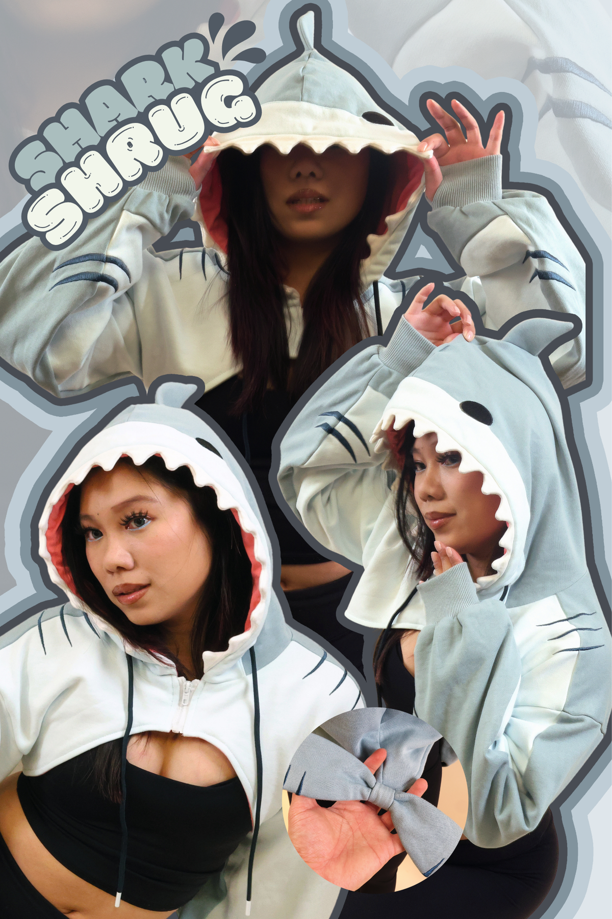 Collage of a model wearing the Nyahallo Shark Shrug, featuring a shark-inspired hood with teeth detailing, fin accents, and oversized sleeves.