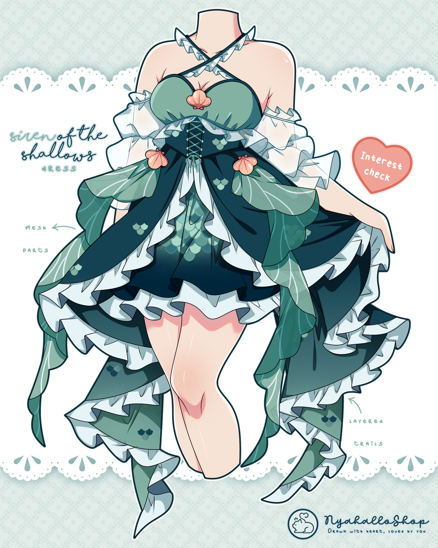 llustration of the “Siren of the Shallows” fantasy dress design by Nyahallo. The outfit features layered ruffles, sheer mesh details, and ocean-inspired floral accents in shades of green and blue, shown on a lace-patterned background with a heart-shaped “Interest Check” label.