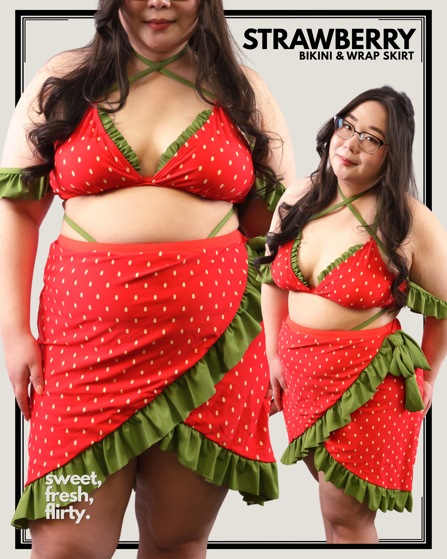 Model wearing a red and green bikini and wrap skirt with 'Strawberry' branding.