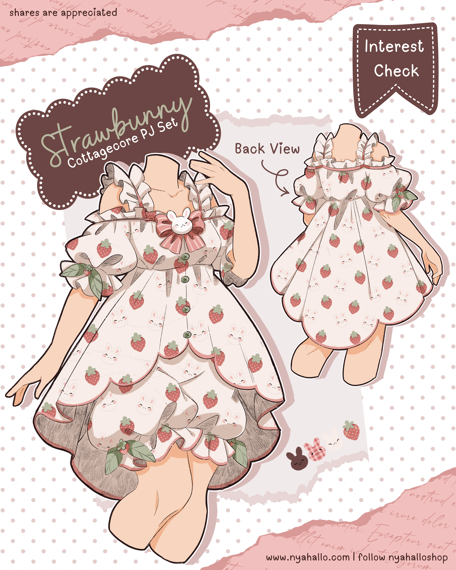 Strawbunny cottagecore pajama set concept featuring a strawberry and bunny print, ruffled neckline, puff sleeves, bow details, and scalloped shorts shown from the front and back.