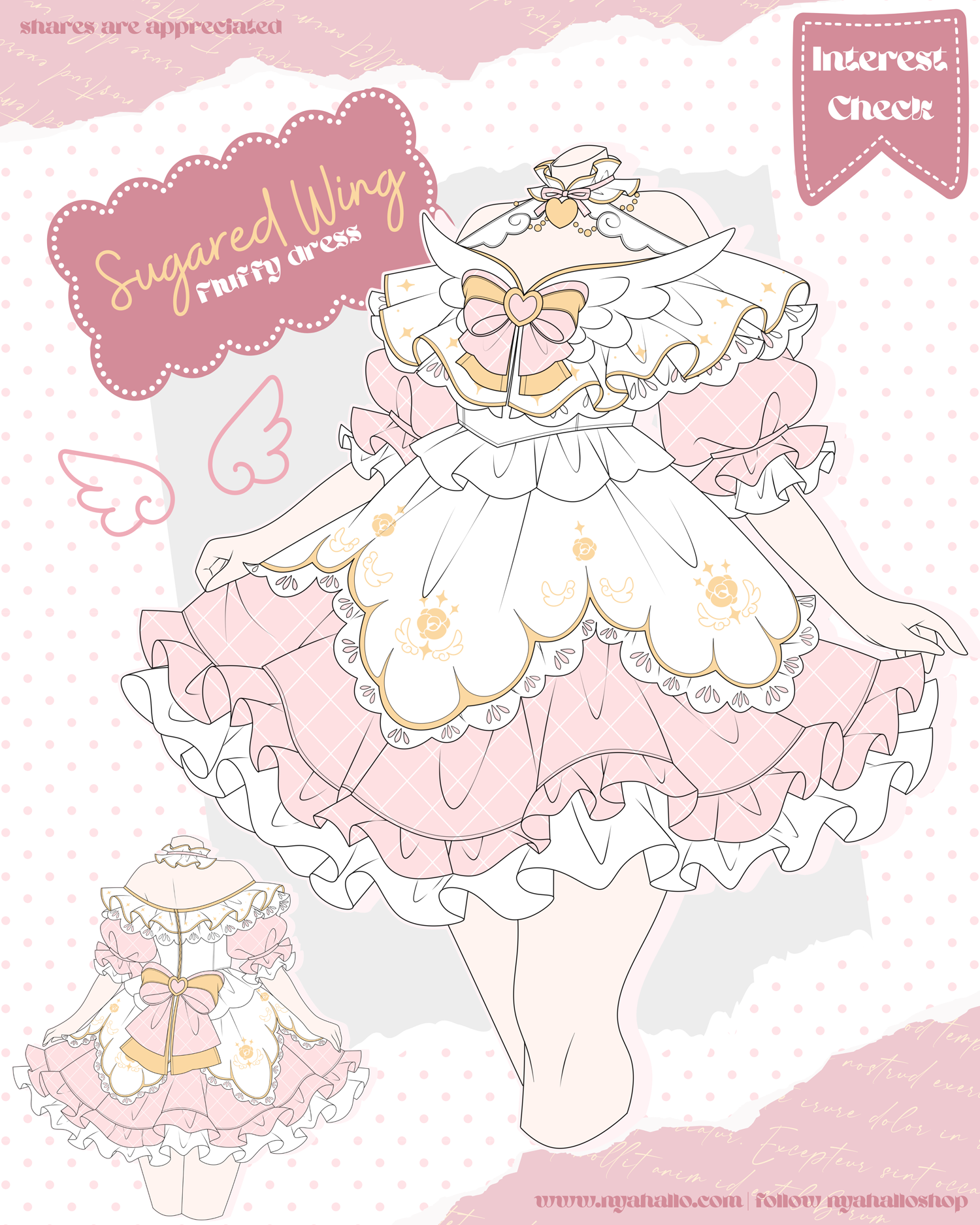 Sugared Wing magical girl fashion dress featuring angel-inspired wings, layered ruffles, bows, heart motifs, pastel pink colors, and whimsical fantasy styling.