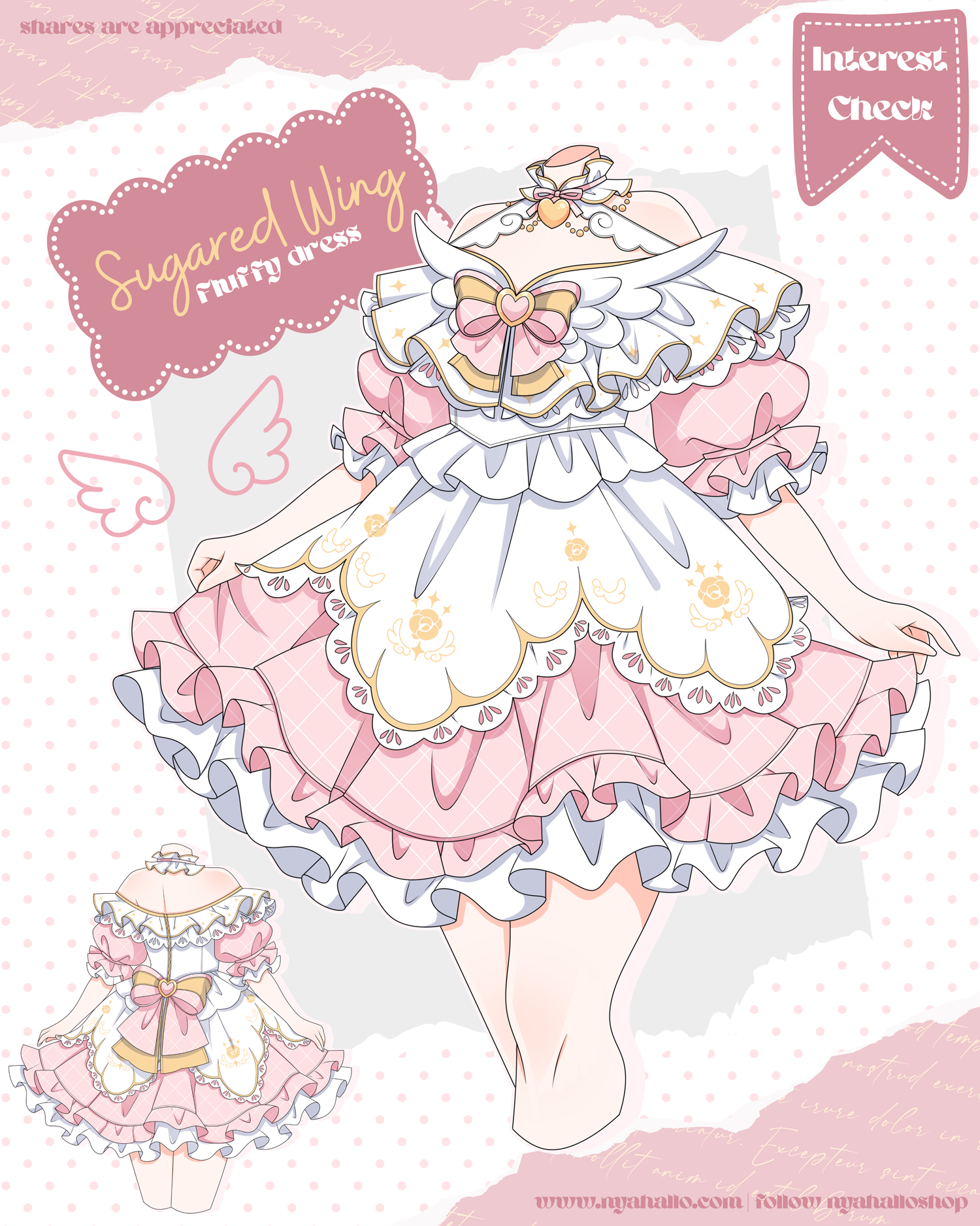 Sugared Wing magical girl dress featuring angel-inspired wings, layered pink and white ruffles, heart accents, bows, and a fantasy fairycore aesthetic.