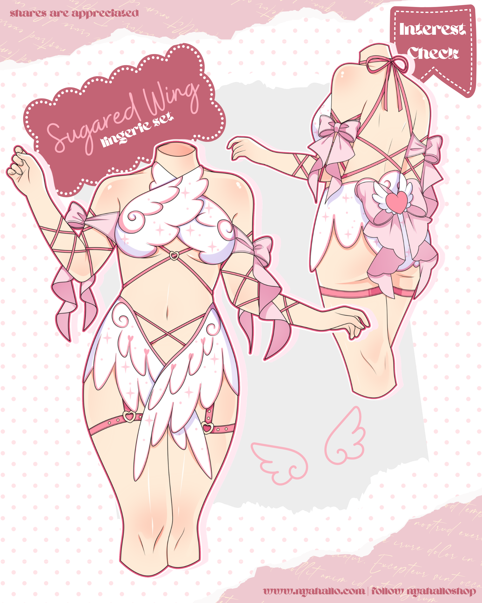 Magical girl lingerie set concept with angel wings, bows, ribbon lacing, heart accents, and pastel pink fantasy fashion details.