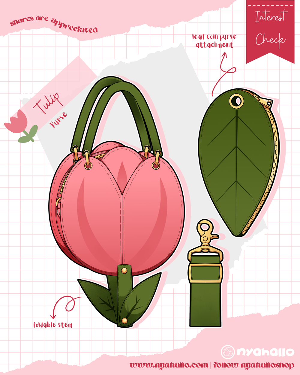Pink tulip-inspired handbag concept with a floral silhouette, green stem accents, detachable leaf coin purse, and whimsical fairycore design.