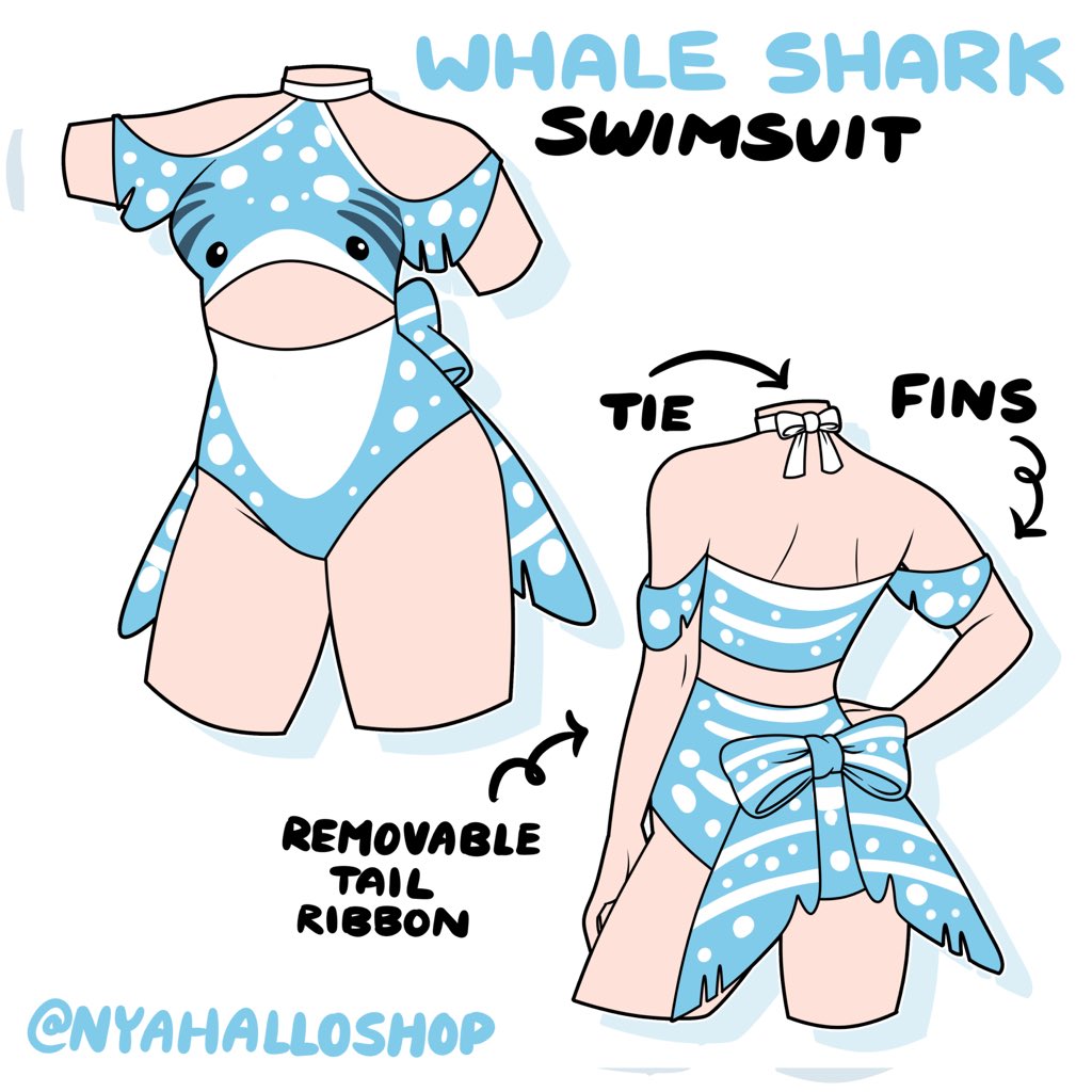 Cute whale shark-inspired one piece swimsuit with fin details, removable tail ribbon, and blue spotted whale shark pattern.