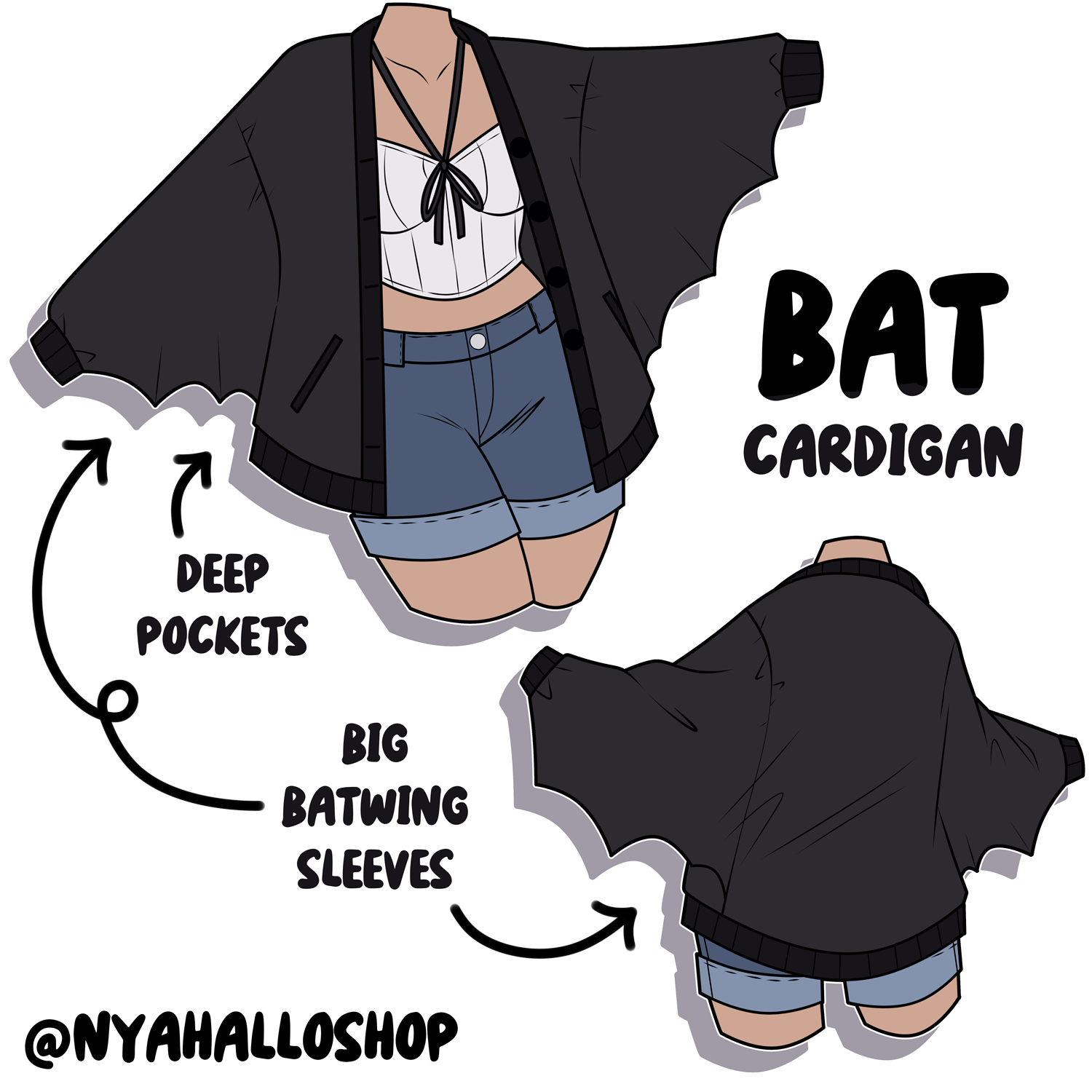 Illustration of a whimsical black batwing cardigan with oversized sleeves, deep pockets, and button-up front shown from the front and back on a white background.
