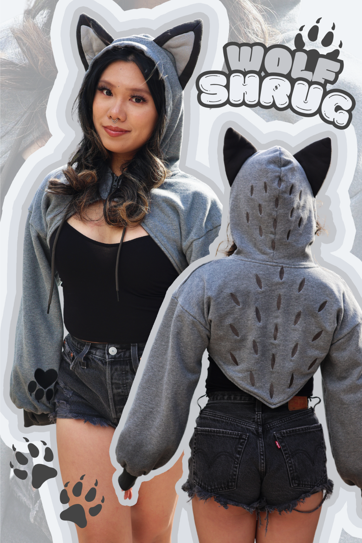 Cover graphic featuring the Nyahallo Wolf Hoodie Shrug with front and back views, showcasing the gray wolf hood with ears, paw print sleeves, and embroidered fur-inspired back detailing.