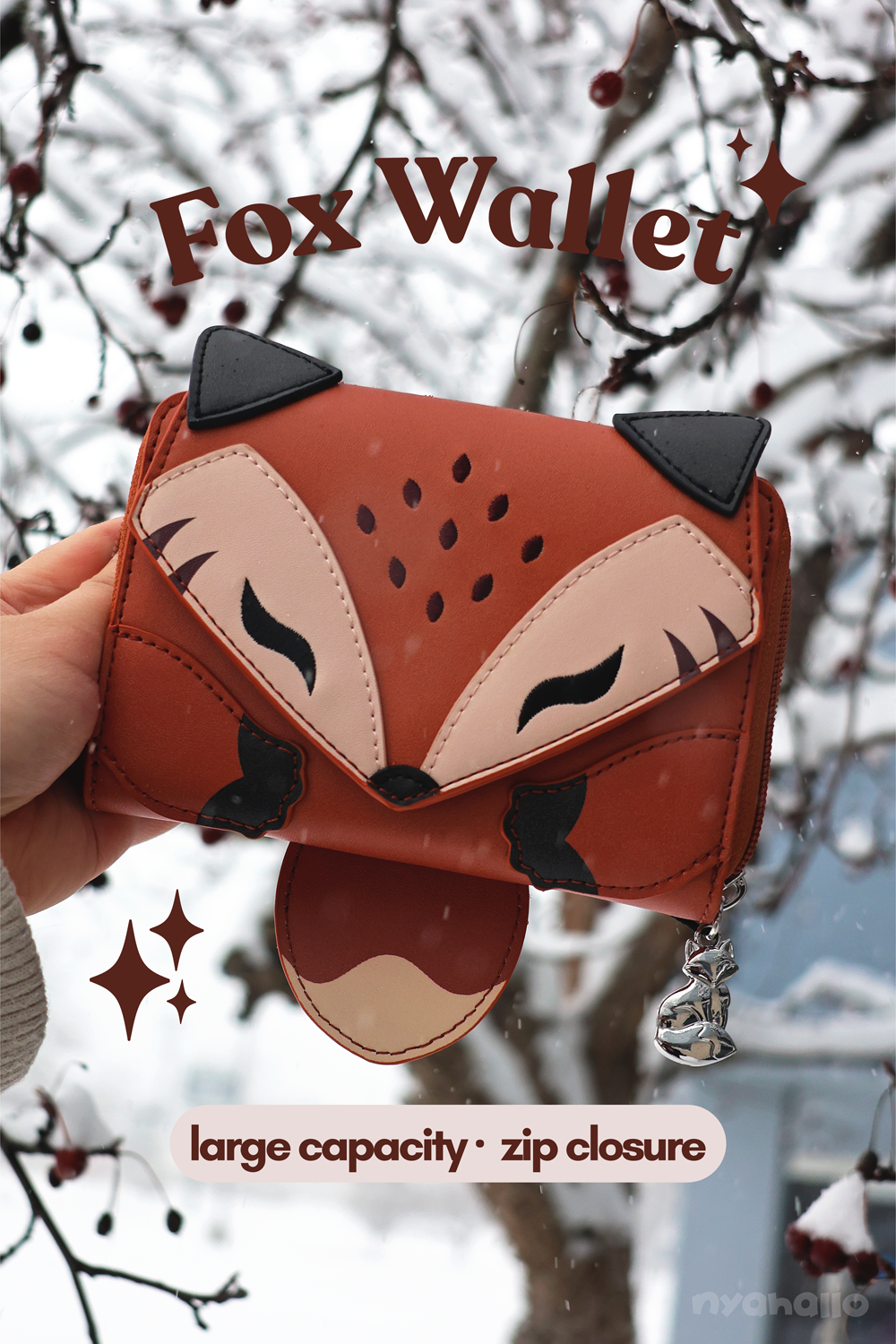 Whimsical fox wallet inspired by woodland fantasy and forest folklore, featuring a roomy interior, zip closure, and charming tail detail.