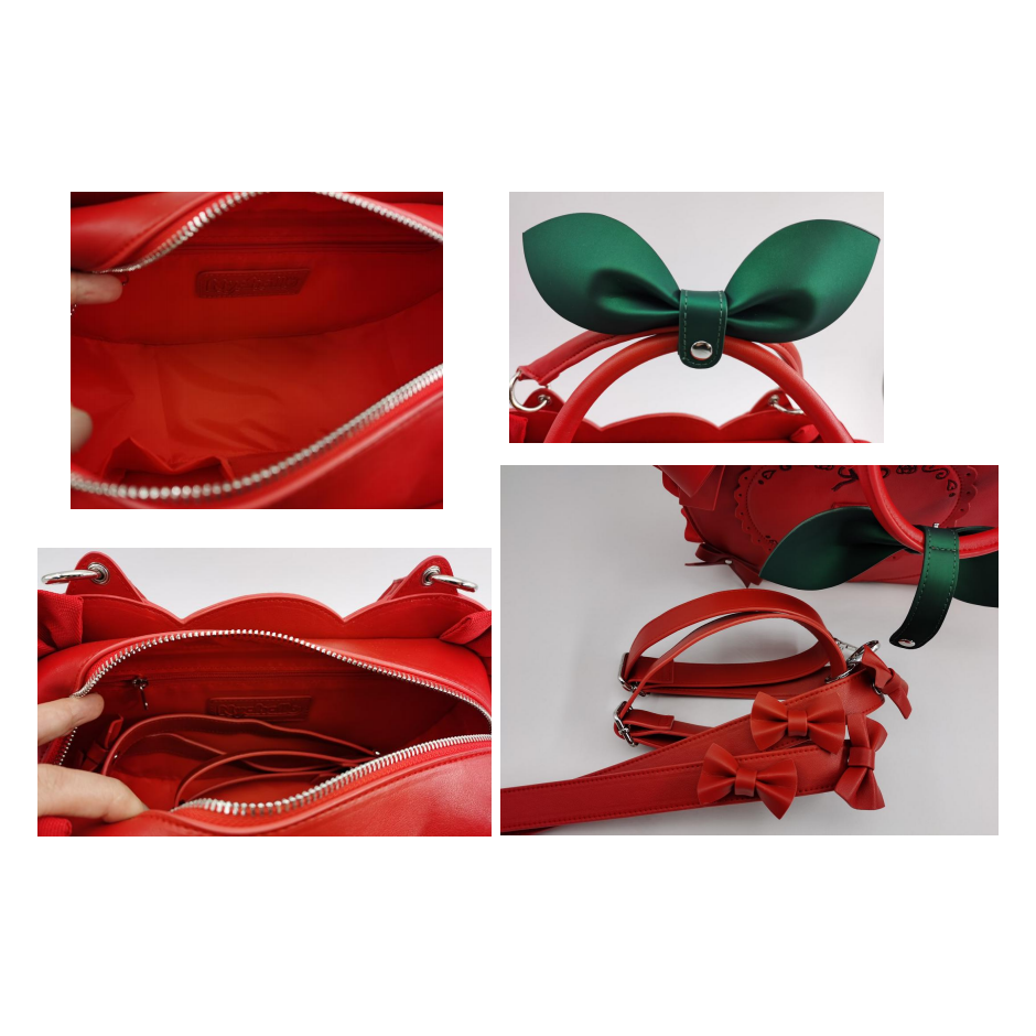 Detail collage of the Frilly Fruits Cherry Purse showing the spacious interior, removable leaf-shaped handle bow, adjustable shoulder strap, and decorative bow accents.