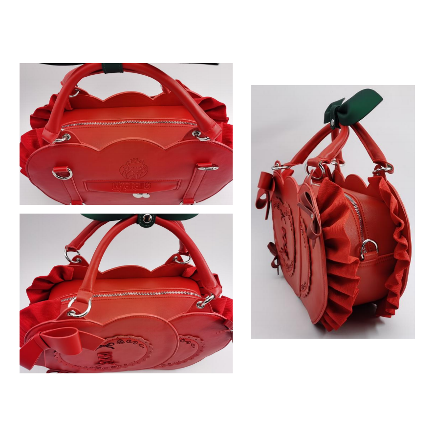 Detail collage of the Frilly Fruits Cherry Purse showing the side profile, ruffled cherry-inspired edges, top zipper closure, sturdy handles, and attachment points for the adjustable strap.