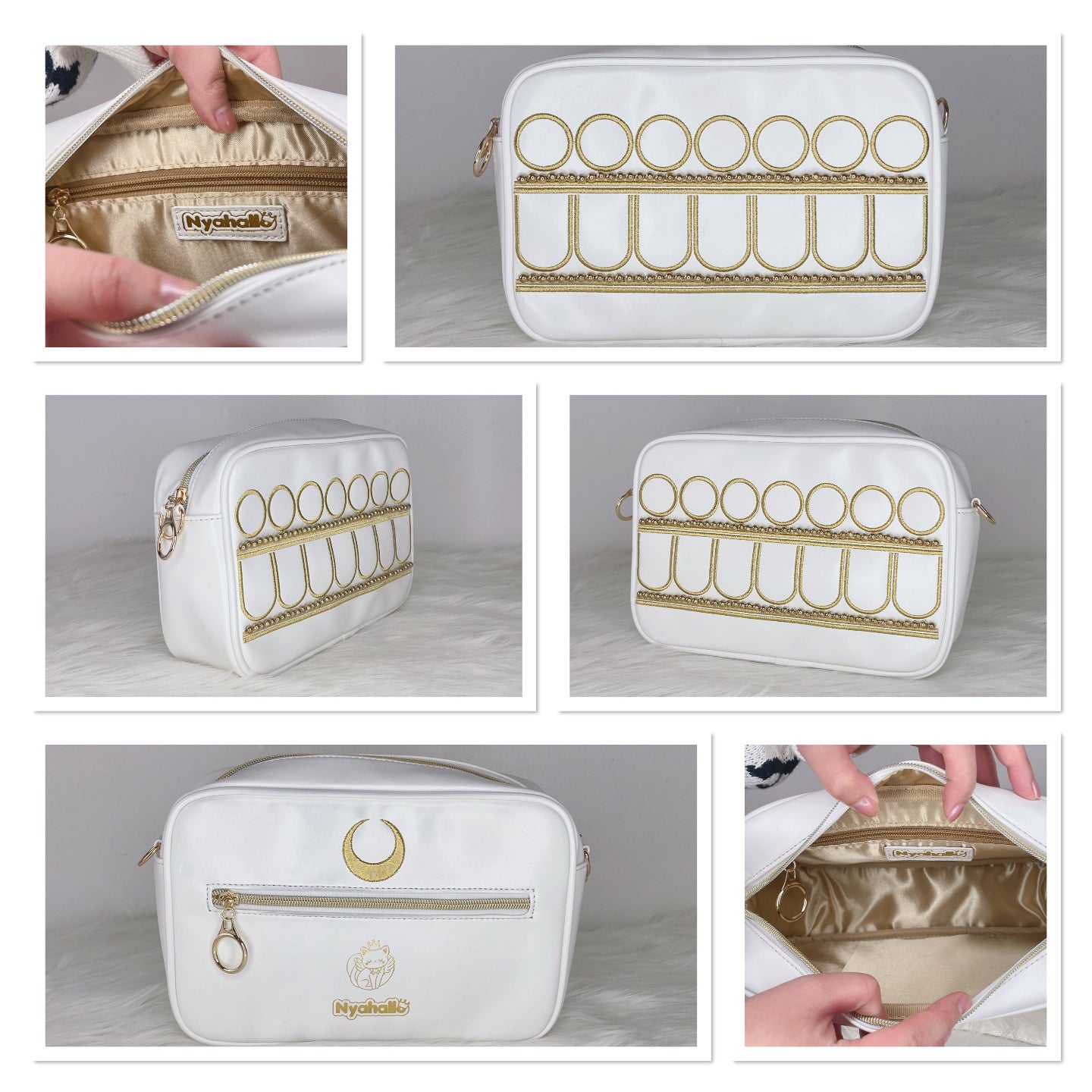 White celestial crossbody purse with gold embroidery, interior compartments, zip pocket, and detailed product views from multiple angles.